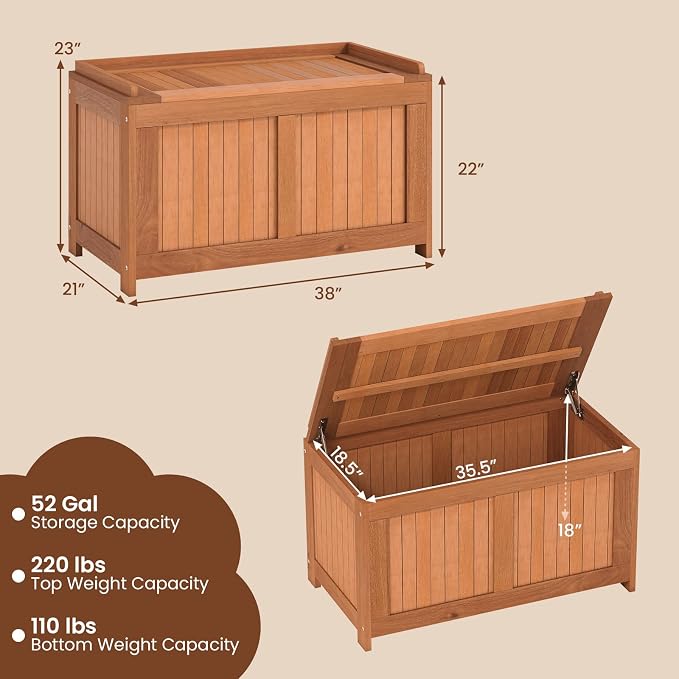 HAPPYGRILL Outdoor Wood Deck Box with Flip Top, Patio Storage Bench for Garden, Poolside, Backyard, 52 Gallon