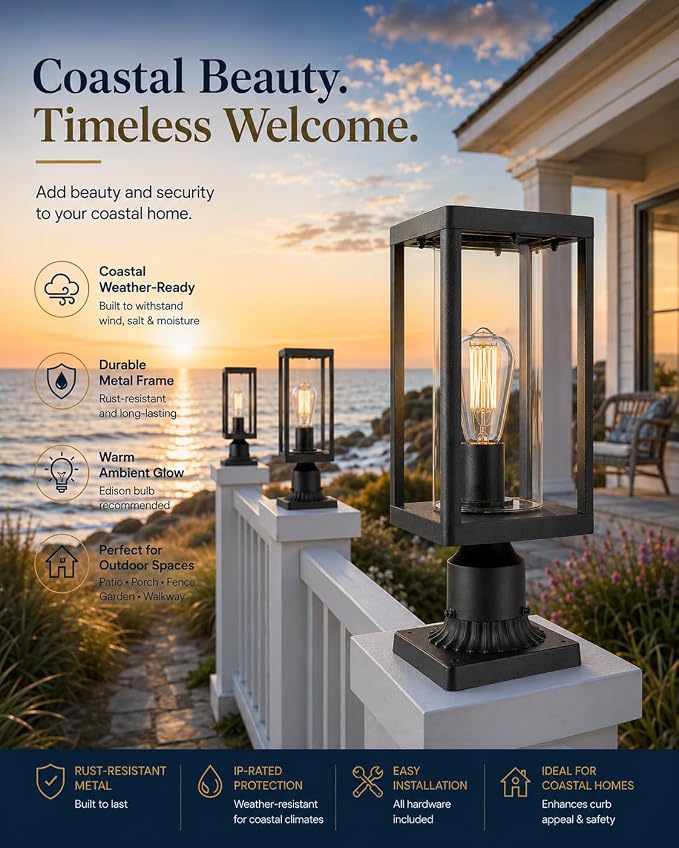 Beionxii Outdoor Post Lantern, 20inch Large Modern Lamp Post Light Fixture Exterior Pillar Lights with Pier Mount Base, Black Cast Aluminum w/Clear Cylinder Glass - A291P-2PK (NOT Solar, 110-120V AC)