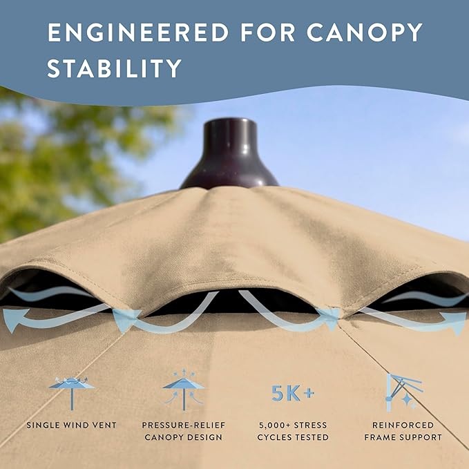 California Umbrella 10-Year Protection 9 Ft Outdoor Patio Umbrella, Pacifica Fade-Resistant Fabric, Auto-Tilt, Heavy Duty Aluminum Frame, 8 Reinforced Ribs for Pool or Deck, Bronze Pole, Beige