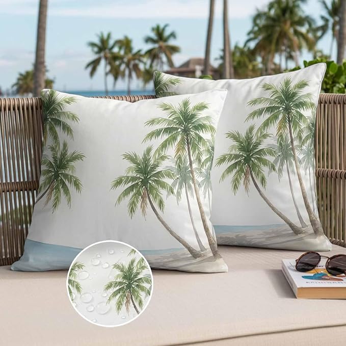 Yukro Coastal Beach Palm Tree Outdoor Waterproof Pillow Covers Pack of 2, Watercolor Coconut Tree Summer Throw Pillowcases Decorative Cushion Covers for Garden Patio Tent Sofa Couch, 24x24 inch