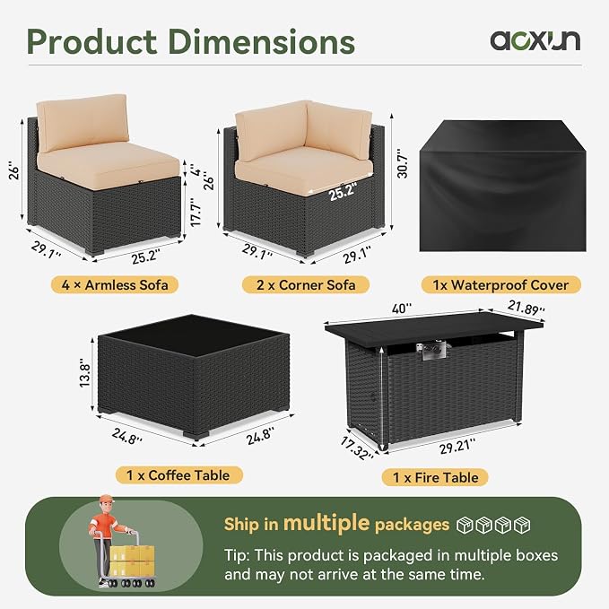 Aoxun 8 Piece Patio Furniture Set with 44” Fire Pit Table Wicker Patio Sectional Sofa Set Outdoor Seating Furniture with Thickened Cushion, Beige