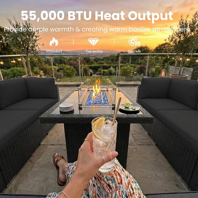 10 Pieces Patio Furniture Set with 44" Propane Gas Fire Pit Table, Outdoor Sectional Wicker Conversation Sofa Sets with Coffee Table