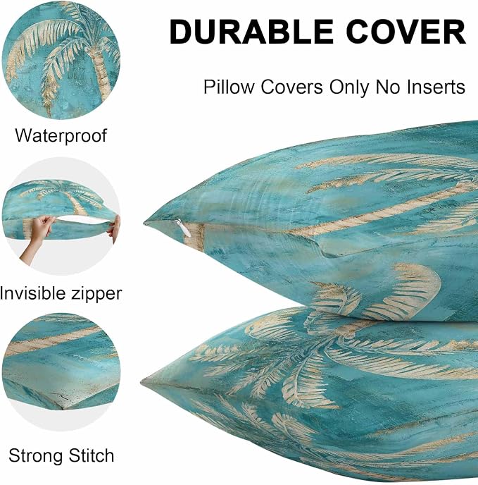 Coastal Beach Tree Green Outdoor Waterproof Pillow Covers, Vintage Tropical Flower Plant Decorative Square Throw Pillowcase Sofa Cushion Sham for Patio/Couch/Chair, 20"x20" 2 Pack