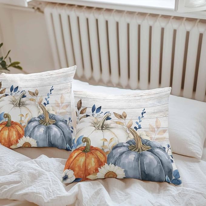 Fall Outdoor Throw Pillows Covers 26x26 inch Set of 2 Waterproof Blue White Pumpkin Zippered Cushion Covers for Patio Furniture, Autumn Eucalyptus Leaves Floral Wood Thanksgiving Lumbar Pillowcases