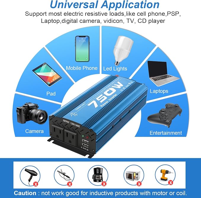 750W Modified Sine Wave Power Inverter DC 12V to AC 110V, Peak 1500 Watt, Car Plug Inverter Adapter Power Converter with 4.2A Dual USB Charging Ports and 2 AC Outlets Car Charger Blue