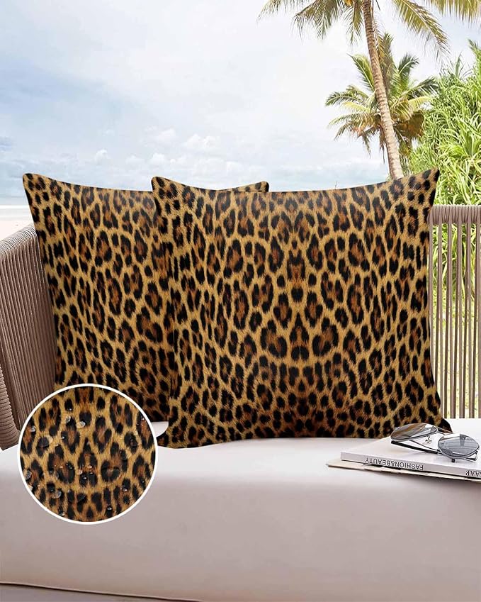 Vandarllin Outdoor Throw Pillows Covers 26x26 inch Set of 2 Waterproof Leopard Print Decorative Zippered Cushion Covers for Patio Furniture, Retro Animal Fur Pattern Lumbar Pillowcases