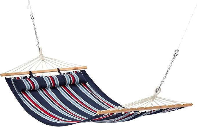Bliss Hammocks BH-404C 48in Wide Caribbean Hammock w/Pillow, Outdoor Poolside Patio Backyard Hammock, Includes Velcro Straps & Chains, Eco Friendly Polyester & Cotton Blend, 265lb Capacity, Patriot