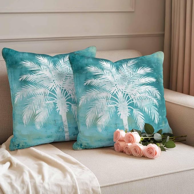 Teal Summer Palm Tree Outdoor Waterproof Pillow Covers, Coastal Beach Tropical Botanical Decorative Square Throw Pillowcase, Vintage Sofa Cushion Sham for Patio/Couch/Chair, 24"x24" 2 Pack