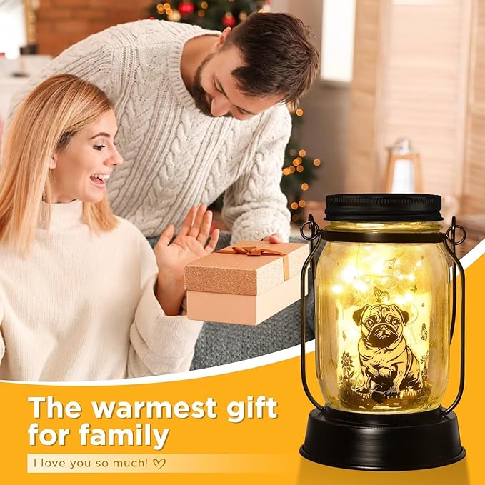 Pug Dog Gifts for Women/Men Pug Dog Solar Lanterns Mom Birthday Gift Pet Loss Lantern Pet Memorial Lights Solar Garden Decoration for Yard, Patio,Backyard,Porch Torches