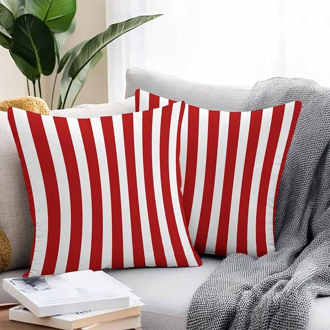 Red Striped Outdoor Waterproof Throw Pillow Covers 24x24 Set of 2, Christmas Farmhouse Red White Stripes Decorative Pillowcases Cushion Pillowcase for Couch Sofa Patio Outside Pillow Protector