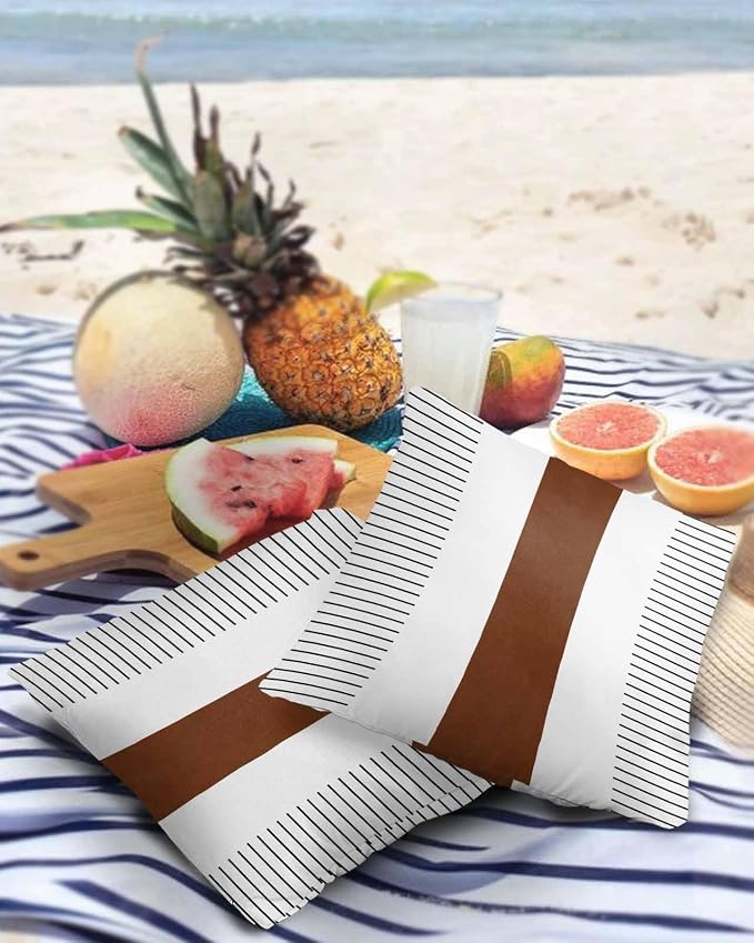 Outdoor Waterproof Throw Pillow Covers Set of 2 Boho Style Pillowcases 26x26 Inches Brown Stripe Lines Bohemian Patio Decorative Pillows Cushion Case Patio Pillows for Couch Bed Chair Garden