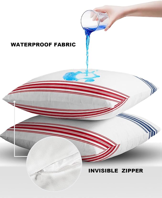 Prime Leader Outdoor Waterproof Pillow Covers Set of 2, Independence Day Flag Day Blue Red Stripe Patio Throw Pillow Covers, Decorative Cushion Case for Couch Sofa Furniture Garden, 20x20 Inch