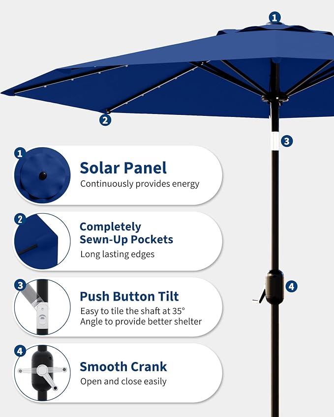 GarveeLife 10 ft Patio Umbrella with Solar Lights, 8 Ribs Outdoor Market Table Umbrella with 40 LED Lights & Tilt Crank for Pool, Deck, Backyard, Navy Blue