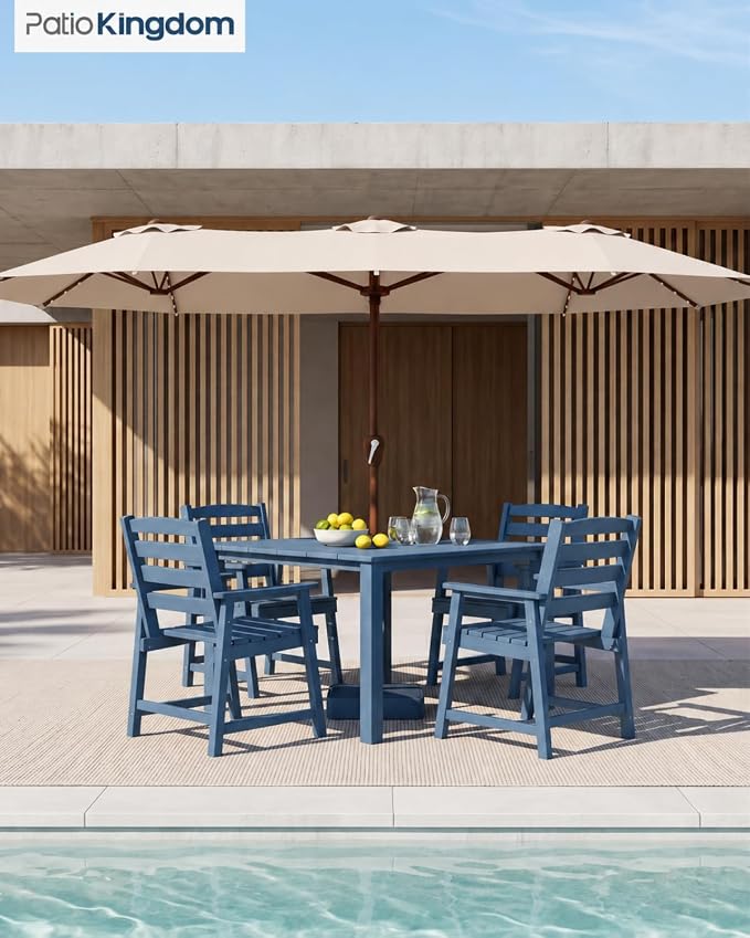 HDPE Outdoor Dining Set for 4, Armchairs, Navy | All-Weather HDPE, Wood Grain Finish, 42.5" Square Table, Built-In Umbrella Hole, Seats 4, Patio & Poolside Ready