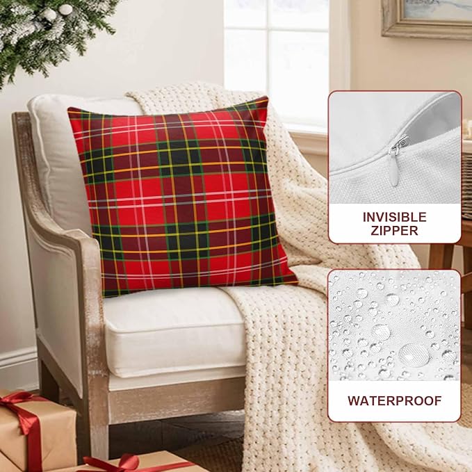 Outdoor Waterproof Throw Pillow Covers, Merry Christmas Red and Green Gingham Tartan Plaid Vintage Farmhouse Decor Pillowcases Cushion Covers Cases for Patio Couch Bench, Pack of 2 Square, 16X16 Inch