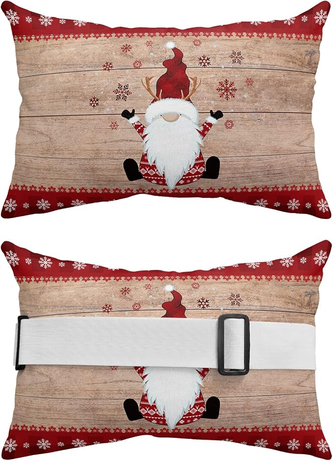 Outdoor Pillows Covers with Inserts Merry Christmas Gnome Xmas Elf on Rustic Wood Grain Waterproof Pillow with Adjustable Strap Throw Pillows for Patio Furniture Recliner Lounge Chair, 11" x 16", 1PCS