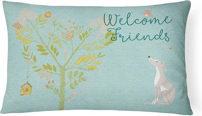 Caroline's Treasures BB7636PW1216 Welcome Friends Italian Greyhound Canvas Fabric Decorative Pillow Machine Washable, Indoor Outdoor Decorative Pillow for Couch, Bed or Patio, 12HX16W