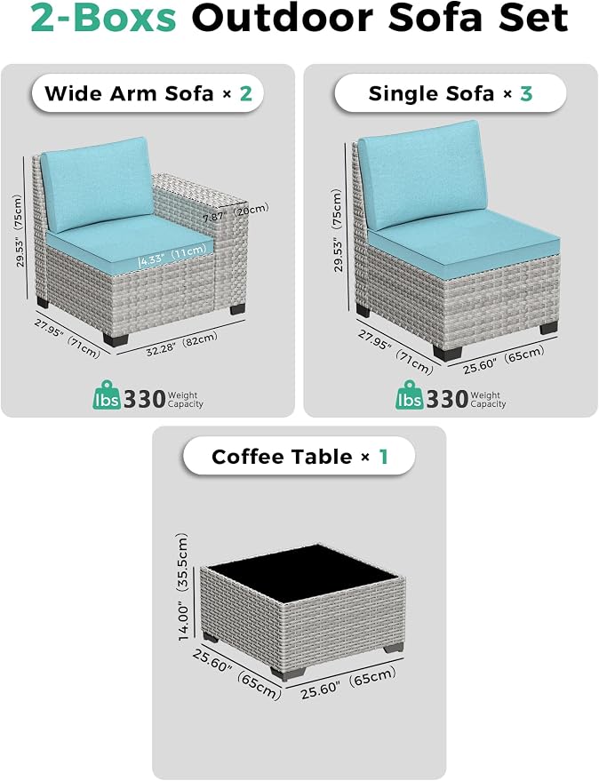 6 Piece Outdoor Wicker Sectional Sofa Set, 5-Seats Patio Furniture Conversation Set with 4" Thickened Cushions & Coffee Table, All-Weather PE Rattan for Garden, Backyard, Porch, Turquoise