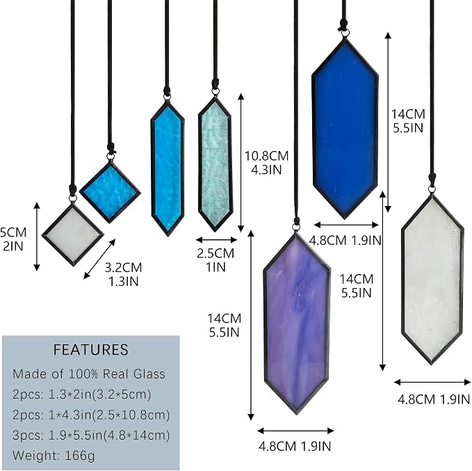7pcs Stained Glass Window Hanging Suncatchers Modern Blue Wall Art Ornament | Blue Dreams,Sun Catchers Indoor Window,Home Garden Decor,Element Earth Tones Panel Set,Gift For Women,With String & Hook