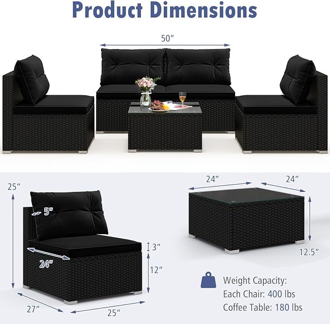 RELAX4LIFE 5-Piece Outdoor Patio Furniture Set, Rattan Sectional Sofa Set w/Glass-Top Coffee Table, Soft Seat & Back Cushions, Bistro Set for Garden Backyard Porch, Wicker Conversation Set (Dark)
