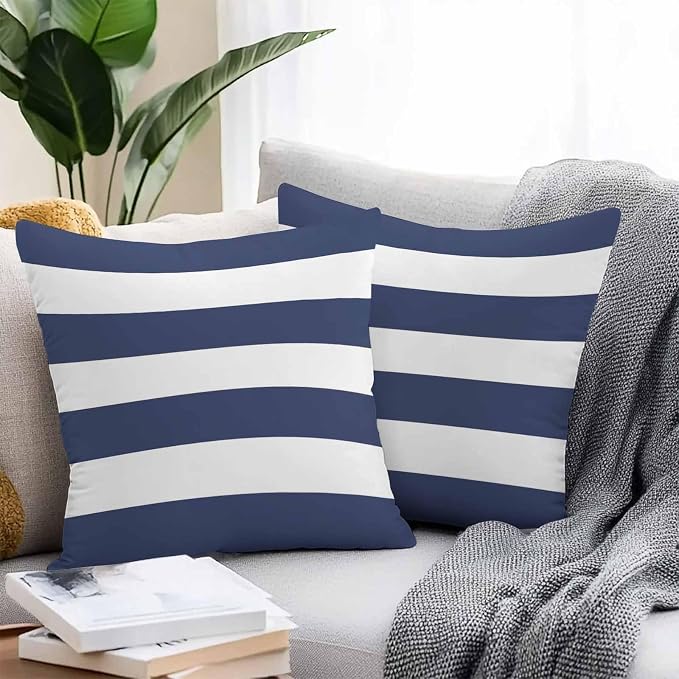 Outdoor Waterproof Throw Pillow Covers Set of 2 Navy Blue Stripe Pillowcases 16x16 Inches Simple Style Striped Decorative Pillows Cushion Case Patio Pillows for Couch Bed Chair Garden