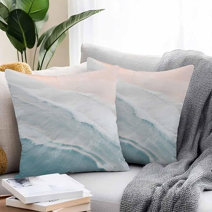 Watercolor Blue White Wave Ripple Ocean Beach Outdoor Pillow Covers Set of 2,Decorative Waterproof Throw Pillow Case, Coastal Landscape Cotton Linen Soft Cozy Cushion Pillowcases