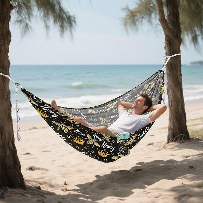 Camping Hammock Outdoor Hammocks for Outside Golden Bee Queen Crown Beach Trees Portable Lightweight with Pockets Tree Straps Indoor