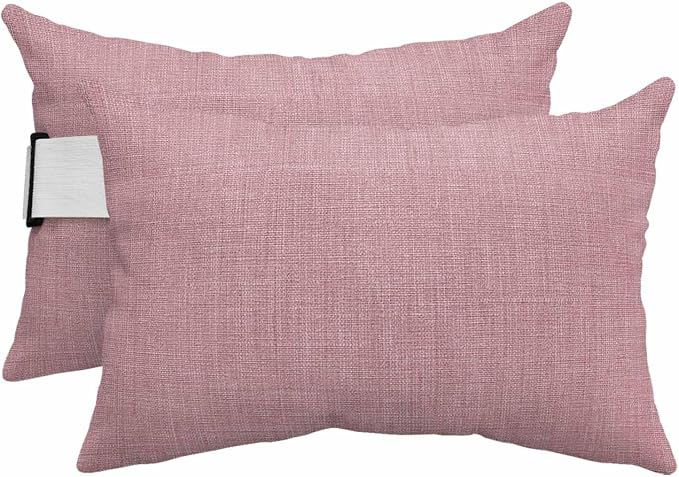 Pink Outdoor Lumbar Pillows 11x16 Set of 2, Farmhouse Burlap Solid Pink Color Modern Linen Texture Waterproof Throw Pillow Covers with Insert, Decorative Pillowcase Cushion for Couch Sofa Bed