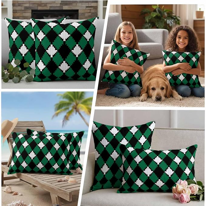 Vintage Rhombus Outdoor Waterproof Throw Pillow Covers Set of 2, 26"x26", Green Black White Decorative Pillow Covers Outside Cushion Case for Patio Porch Garden