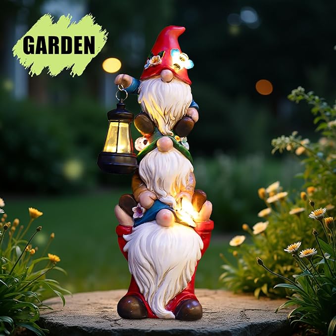 twinbling 12 in Garden Gnome Statue with Solar Lights | Birthday Gift for Mom Woman Grandma Garden Sculptures Funny Triple Gnome Outdoor Patio Lawn Yard Balcony Home Decor