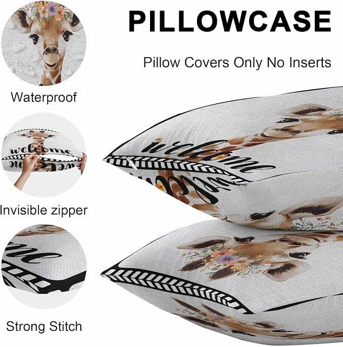 Funny Giraffe Outdoor Pillow Covers 16x16 Inch Throw Pillow Covers Set of 2 Waterproof Decorative Pillow Cases Abstract Animal Wreath Welcome Black Gray Linen Cushion Covers for Patio Furniture Garden