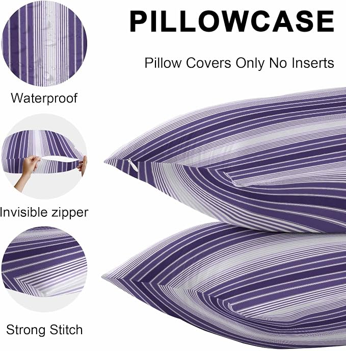 Outdoor Waterproof Throw Pillow Cover, Farmhouse Purple Gradient Line Decorative Pillows Cushion Covers, Modern Minimalist Stripe 2 Pack Pillow Cases for Patio Garden Balcony Couch Sofa 20x20in
