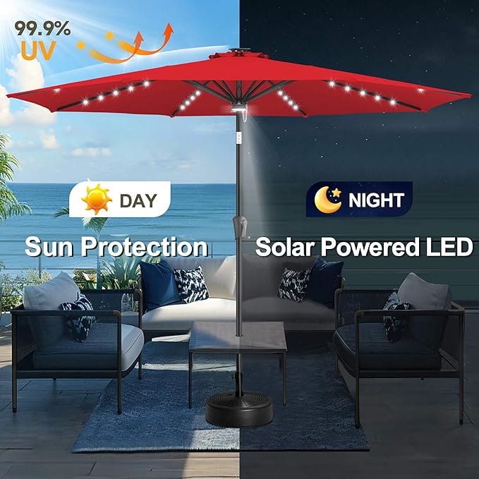 FLAME&SHADE 11 FT Solar Light Patio Umbrella, 40 LED lights outdoor umbrella with Centre Surround Light, Table Market Umbrella for Deck, Pool, Porch, Backyard, Garden, UV Protection, Red