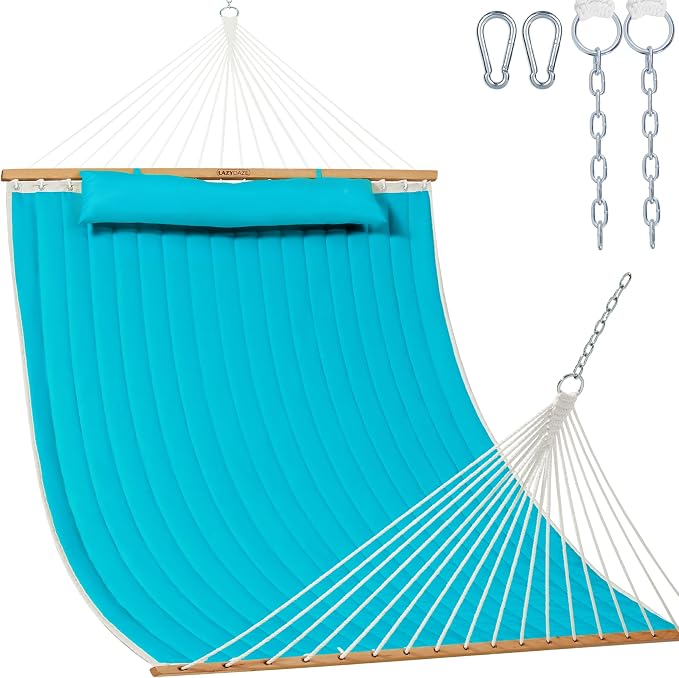 Lazy Daze Hammocks 12 FT Double Quilted Fabric Hammock with Spreader Bar and Detachable Pillow, 2 Person Hammock for Outdoor Outside Patio Garden Yard Pool Beach, 450lbs Weight Capacity (Blue)
