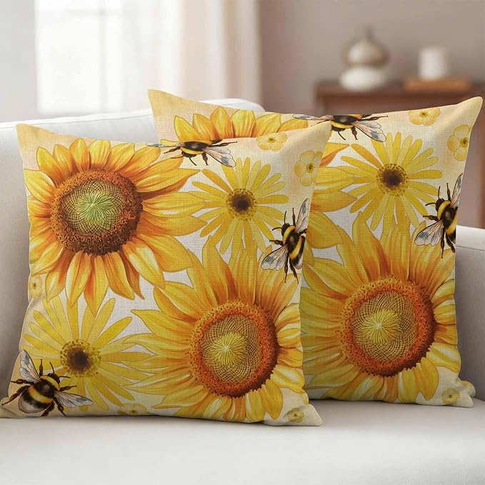 Outdoor Throw Pillow Covers,Farmhouse Sunflower Bee on Linen Waterproof Decorative Pillowcases Cushion Cover Retro Pastoral Yellow Flower Pillow Cases for Patio Couch Sofa Bed,18x18in Set of 2