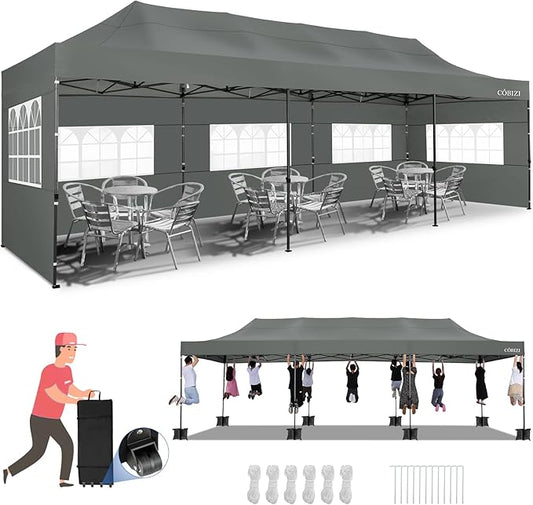 COBIZI 10x30 Pop up Canopy Tent Heavy Duty Without Sidewalls, Easy Set-up Commercial Outdoor Party Tents, 100% Waterproof Wedding Tent Gazebo, 3 Height Adjustable with Wheeled Bag, Gray