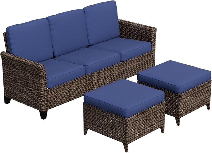 COOS BAY Harbor Retreat 3 Piece Outdoor Furniture Set, Patio Conversation Set with 3 Seat Couch and Ottomans, Wicker Furniture, Brown/Blue