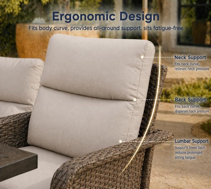 XIAO WEI 9-Piece Outdoor Furniture Set with Fire Pit Table, Wicker Patio Conversation Set with Cushions & Swivel Glide Chairs, All-Weather Patio Furniture Set for Backyard, Garden, Deck (Beige)