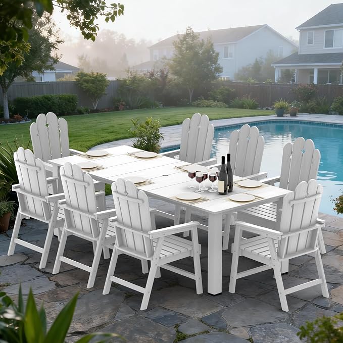 9 Piece Outdoor Dining Table Set for 8, HDPE Patio Furniture, White | 89.4” table,Spacious 8 seat outdoor dining set, HDPE and ALU, moisture and UV resistant, low maintenance outdoor furniture