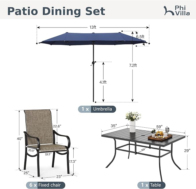 PHI VILLA 8 Pcs Outdoor Dining Set with 13ft Umbrella, Mesh Patio Chairs | 59'' rectangular metal table, 6 textilene chairs and 13ft navy blue umbrella(NO BASE), all-weather for deck, garden, backyard