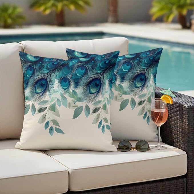 Teal Turquoise Outdoor Pillow Covers 18x18 Inch Throw Pillow Covers Set of 2 Waterproof Decorative Pillow Cases Peacock Feathers Aesthetics Eucalyptus Cushion Covers for Patio Furniture Garden Couch