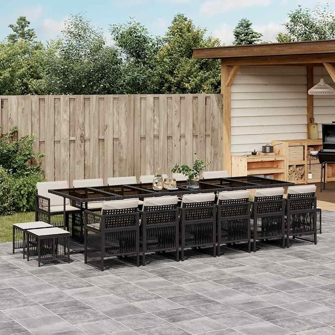 17 Piece Garden Dining Set Black Cream White | Poly Rattan, Powder-Coated Steel, Outdoor Patio Furniture, Family Meals