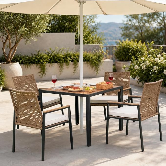Outdoor Rattan 5 Piece Patio Dining Table Set Yellow Cushions Acacia Wood Top with Umbrella Hole All Weather 43 Inches for Backyard Deck Poolside Summer BBQ Essentials Aesthetic Backyard
