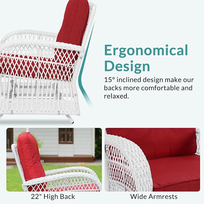 MEETWARM Patio Wicker Rocking Glider Set, All-Weather Outdoor Rattan Patio Rocking Chairs of 2, Patio Conversation Set with Thickened Cushions for Porch Garden & Backyard, White Wicker/Red