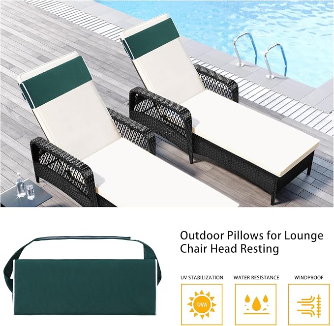 Enipate Outdoor Chaise Lounge Head Pillow, Pack of 2 Water Resistant Headrest Pillows with Elastic Band for Pool Patio Chairs