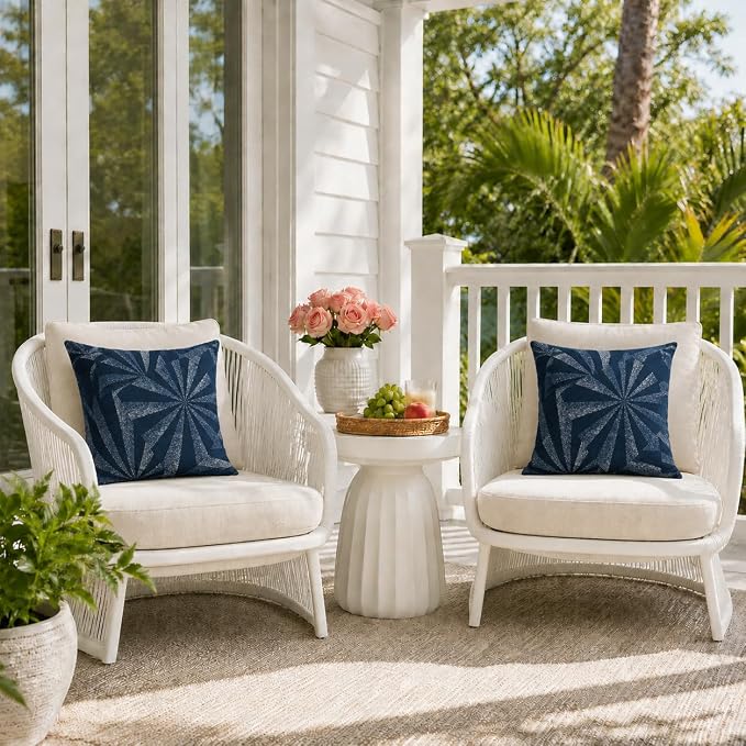 Outdoor Pillow Covers Waterproof Throw Pillow Covers, Set of 2 Jacquard Texture Water Resistant Fade Resistant Decorative Cushion Covers for Garden Patio Bench Couch Sofa, 18x18 Inch (Night Rays)