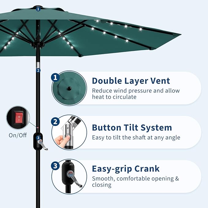 Garvee 9/10 FT Solar Patio Umbrella with 32 LED Lights - Outdoor Table Umbrella with Crank Lift, Push Button Tilt and 8 Sturdy Ribs - Market Umbrella UV Protection for Pool, Deck, Yard, Garden
