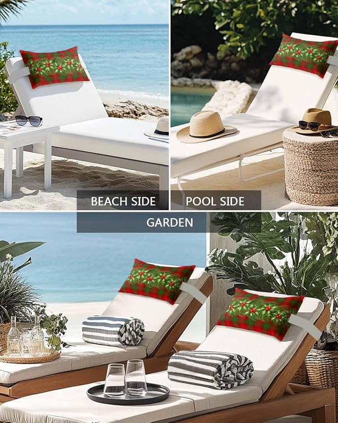 Outdoor Pillows Covers with Inserts Christmas Pine Berries Red Green Checked Plaid Waterproof Pillow with Adjustable Strap Throw Pillows for Patio Furniture Recliner Lounge Chair, 11x16 inch, 1PCS