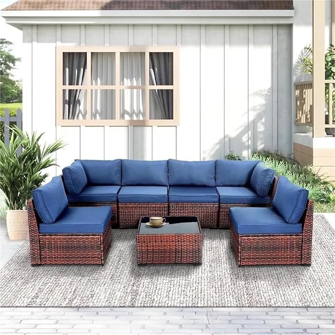 7 Pieces Patio Conversation Sets, All Weather Outdoor Sectional Patio Sofa, Manual Weaving Wicker Rattan Patio Seating Sofas with Thick Cushions and Coffee Table(Blue)