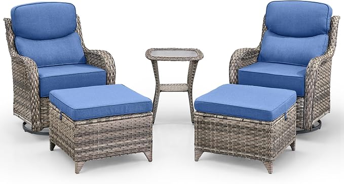 Swivel Patio Chairs Sofa Set of 5 with 6" Thick Cushion - Wicker Outdoor Swivel Rocker Patio Chair with Side Table, High Back Comfortable Outdoor Glider Chairs - Grey Wicker | Blue Cushions